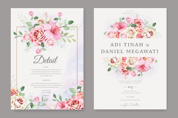 Elegante tarjeta de boda con hermosa plantilla floral y hojas