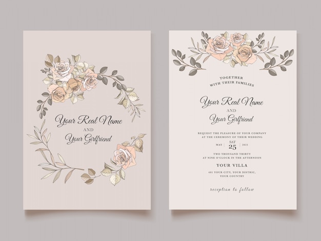 Vector elegante tarjeta de boda con hermosa plantilla floral y hojas