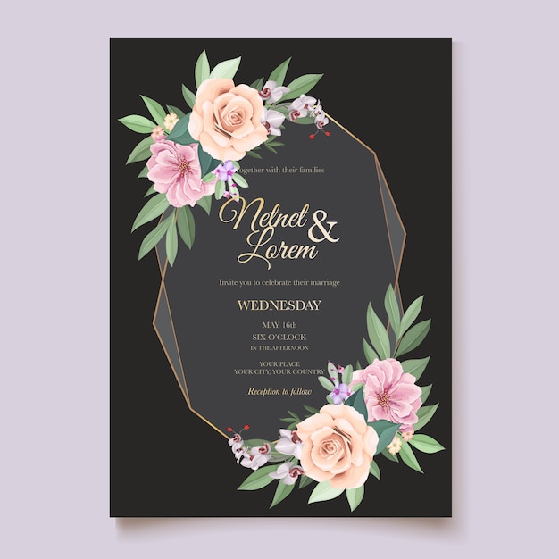 elegante tarjeta de boda con hermosa plantilla floral y hojas