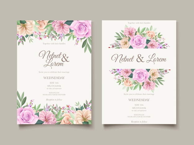 Vector elegante tarjeta de boda con hermosa plantilla floral y hojas