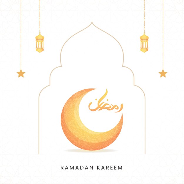 Elegante tarjeta de felicitación de Ramadán kareem con hermosa caligrafía y luna creciente abstracta