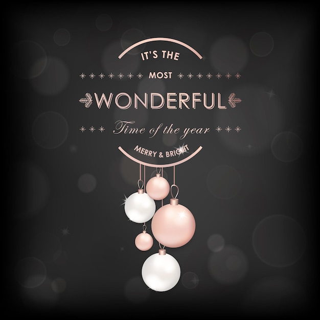 Elegante tarjeta de feliz navidad con bolas de árbol de navidad de oro rosa para invitación, saludos o volante y folleto de año nuevo 2019