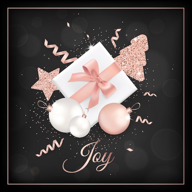 Elegante tarjeta de feliz navidad con bolas de navidad con purpurina de oro rosa, estrellas, árbol de navidad para invitación o saludos o volante y folleto de año nuevo 2019