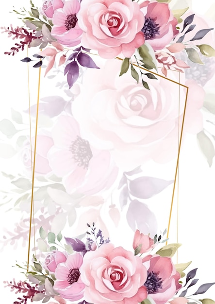 Elegante tarjeta de invitación de boda en acuarela con flores y hojas