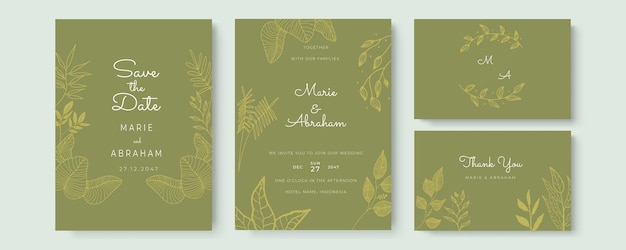 Elegante tarjeta de invitación de boda en acuarela con hojas doradas