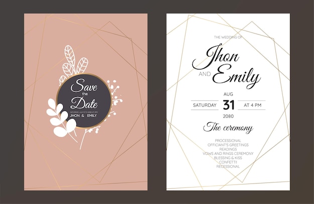 Elegante tarjeta de invitación de boda en acuarela con hojas verdes.
