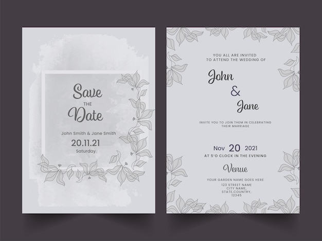 Elegante tarjeta de invitación de boda con diseño de plantilla guardar la fecha en color gris.