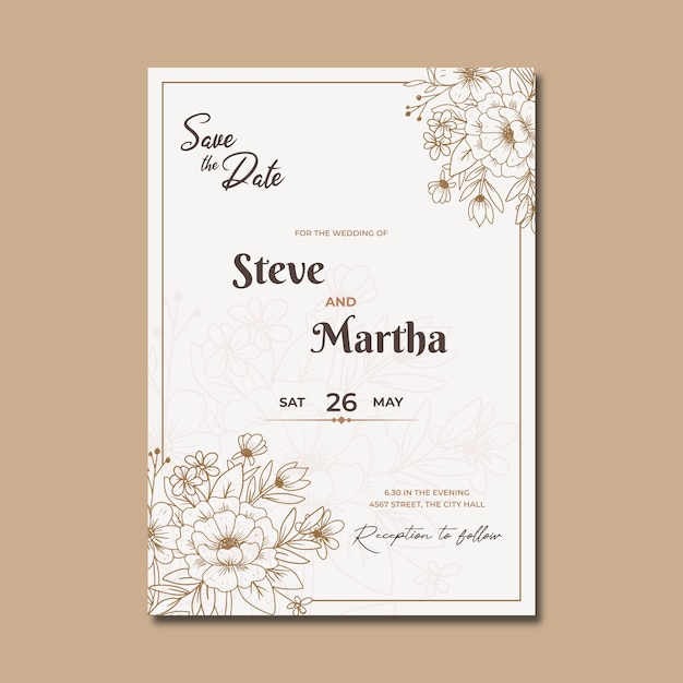 Vector elegante tarjeta de invitación de boda floral dibujada a mano