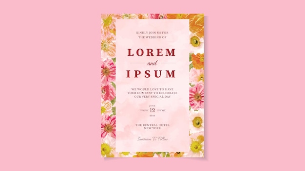 Elegante tarjeta de invitación de boda floral con marco de flores y borde