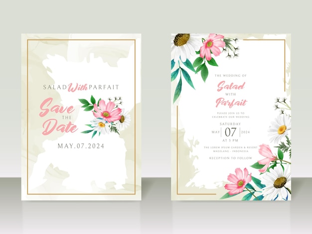 Elegante tarjeta de invitación de boda con flores blancas y rosas.