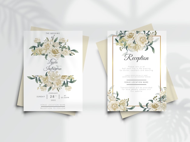 Elegante tarjeta de invitación de boda de flores y hojas con sombra de superposición floral