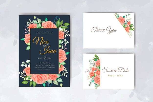 elegante tarjeta de invitación de boda con hermosa acuarela floral