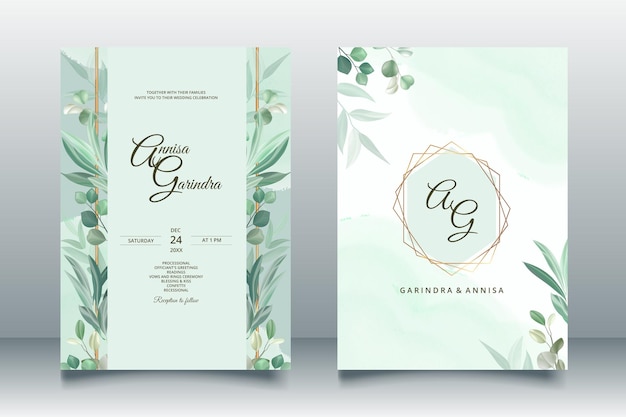 Vector elegante tarjeta de invitación de boda con una hermosa plantilla de eucalipto premium vector