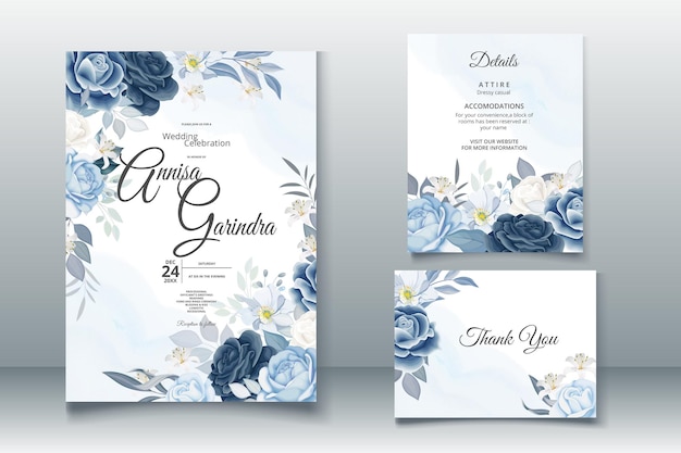 Elegante tarjeta de invitación de boda con hermosa plantilla floral azul marino y hojas Vector Premium