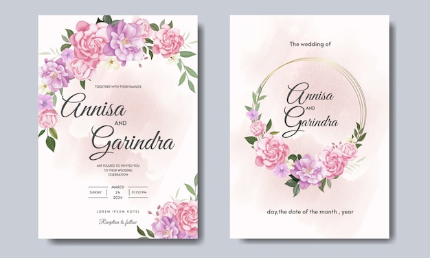 elegante tarjeta de invitación de boda con hermosa plantilla floral y hojas