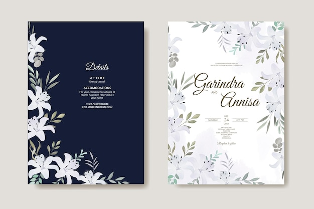 Elegante tarjeta de invitación de boda con hermosa plantilla de flores y hojas azul marino blanco Premium