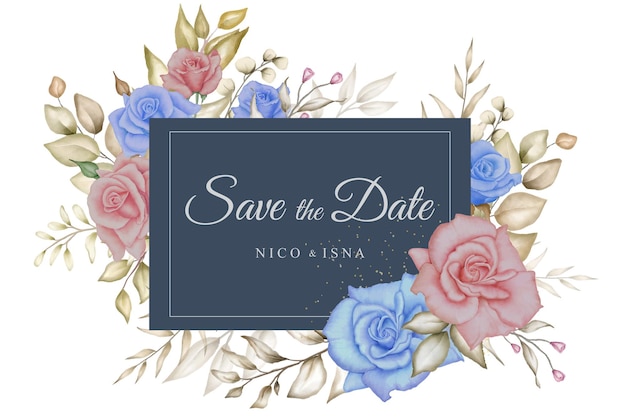 Elegante tarjeta de invitación de boda con hermosas flores y hojas de acuarela