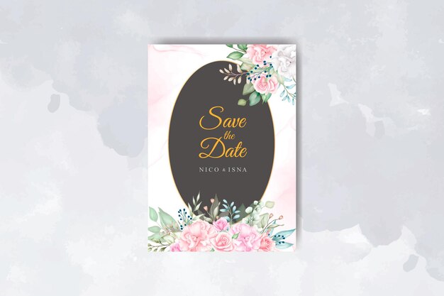 Elegante tarjeta de invitación de boda con hermosas flores y hojas de acuarela