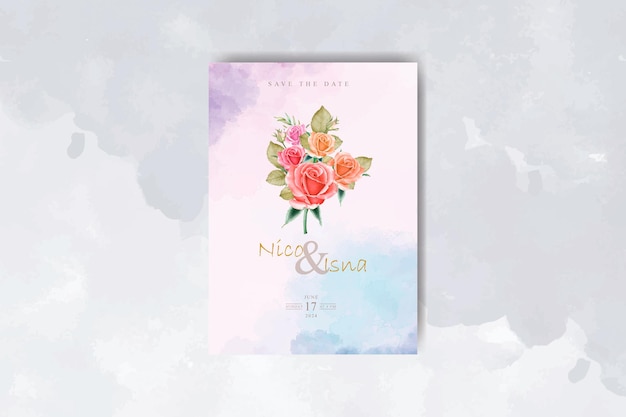 elegante tarjeta de invitación de boda con hermosas rosas acuarela