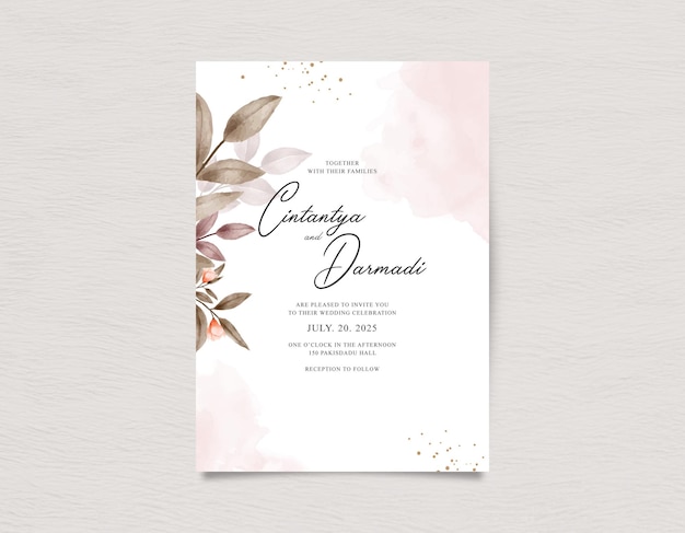 Elegante tarjeta de invitación de boda con hojas de acuarela y salpicaduras