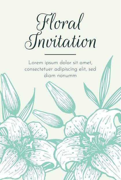 Elegante tarjeta de invitación para celebrar bodas, cumpleaños con flores y hojas de lirios.