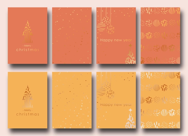 Elegante tarjeta navideña con estrellas, árboles y adornos en tonos tierra neutros.