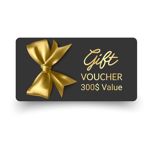 Elegante tarjeta de regalo con arco dorado en fondo negro