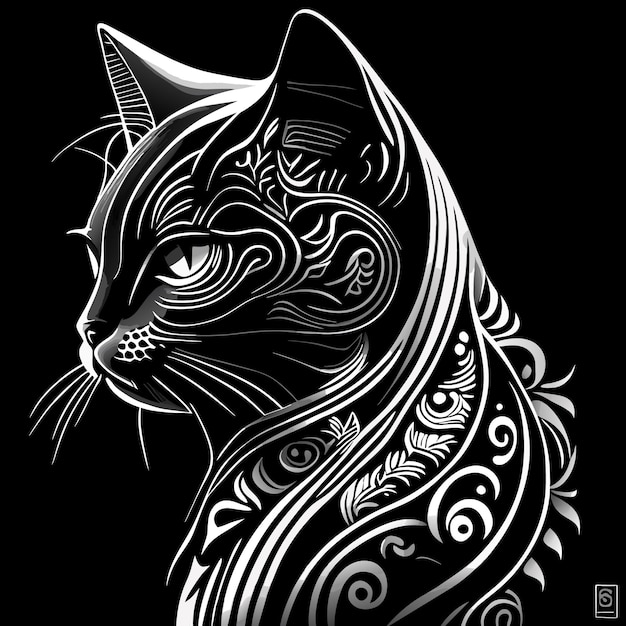 Un elegante tatuaje de gato en blanco y negro con detalles intrincados y un toque de realismo.