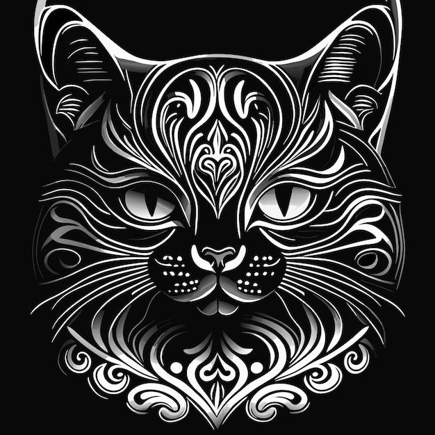 Un elegante tatuaje de gato en blanco y negro con detalles intrincados y un toque de realismo.