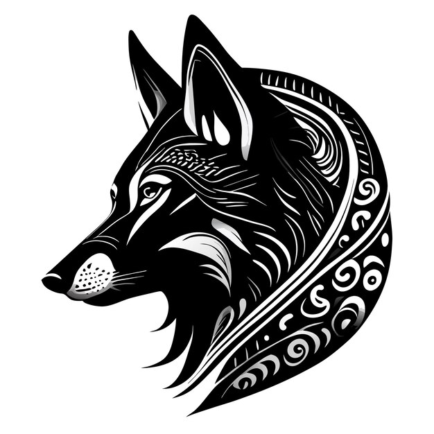 Vector un elegante tatuaje de perro en blanco y negro con detalles intrincados y un toque de realismo.