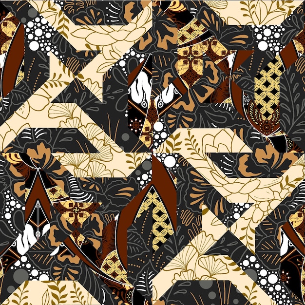 Elegante textil de patchwork geométrico con elementos florales y ornamentales