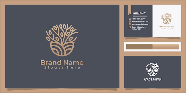 elegante tierra e inspiración en el diseño del logotipo del árbol de arte lineal con tarjeta de visita