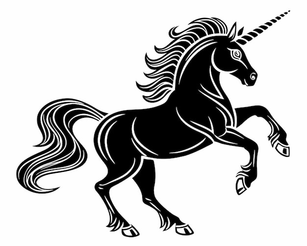 Elegante unicornio negro que se alza sobre un fondo blanco en una ilustración estilizada