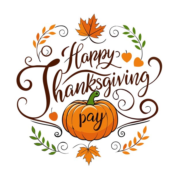 Elegante Vector de Saludo del Día de Acción de Gracias con calabaza y flores de hojas Vector e ilustración