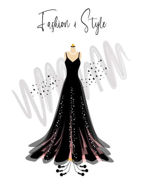 Un elegante vestido negro en la ilustración de moda de maniquí.