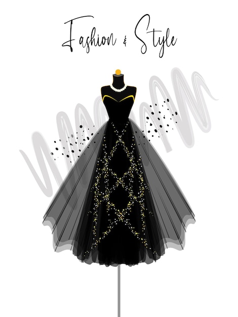 Un elegante vestido negro en la ilustración de moda de maniquí.