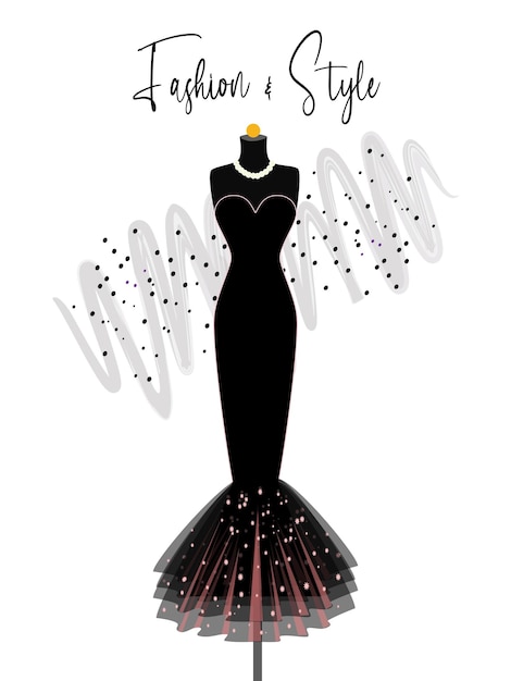 Un elegante vestido negro largo en la ilustración de moda de maniquí