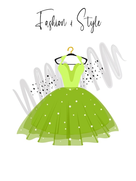 Un elegante vestido verde en la ilustración de moda de suspensión.