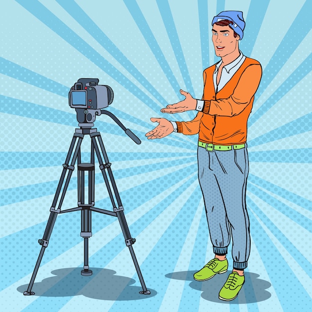Elegante video de grabación de guy vlogger
