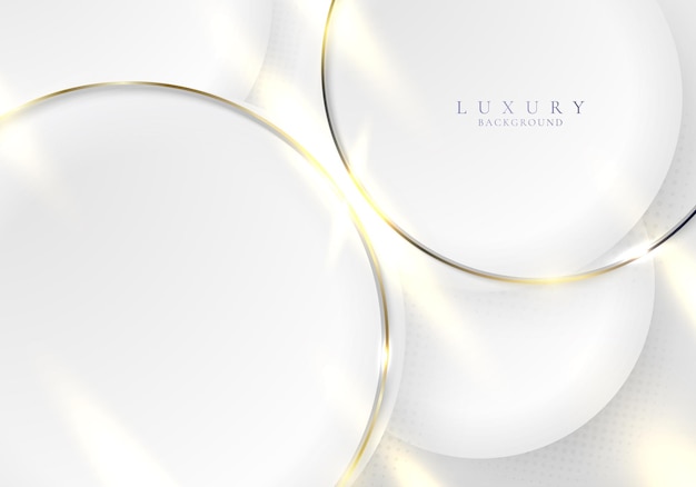 Elegantes círculos blancos 3D y anillo dorado con efecto de iluminación brillante sobre fondo limpio Estilo de lujo Ilustración vectorial