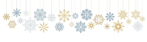Elegantes copos de nieve dorados y azules colgando iconos lineales