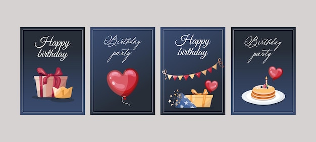 Elegantes diseños de tarjetas de cumpleaños con globos, pasteles y decoraciones
