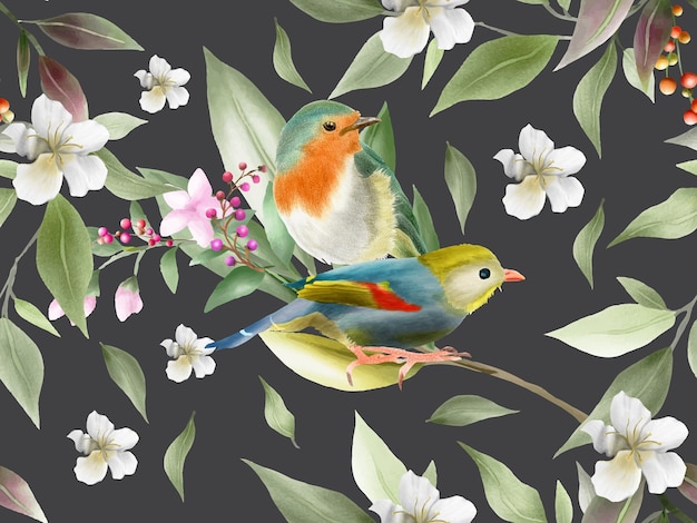 elegantes flores y pájaros acuarela de patrones sin fisuras