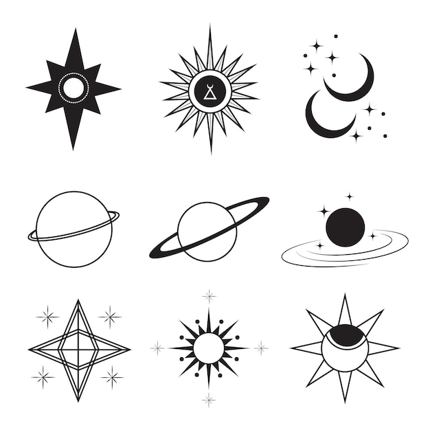 Elegantes iconos de arte de línea negra en un fondo aislado con elementos del sol y la luna