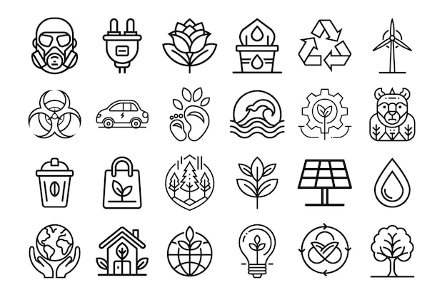 Elegantes iconos de arte de línea que representan la energía limpia, el reciclaje, la ecología y el medio ambiente sostenible
