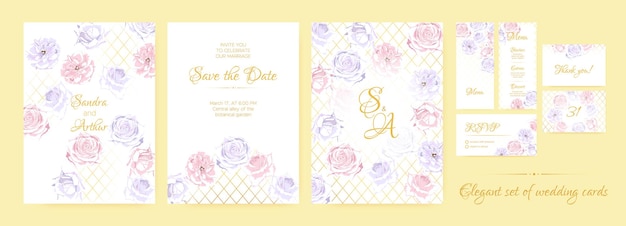 Elegantes invitaciones de boda con marcos de rosas y hojas.