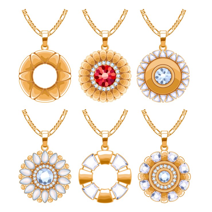 Vector elegantes joyas de rubíes y diamantes con piedras preciosas, colgantes redondos para collar o pulsera. bueno para regalo de joyería.