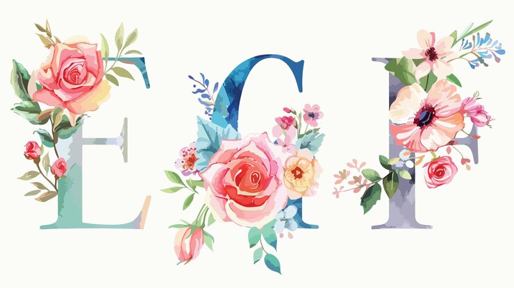 Vector elegantes letras del alfabeto floral e f g h con flores en acuarela
