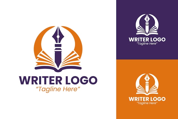 Elegantes logotipos de escritores en púrpura y naranja para negocios e identidad creativa