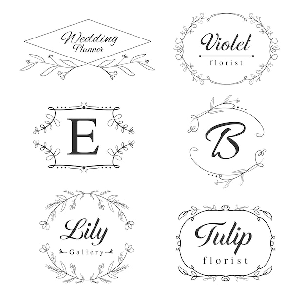 Elegantes logotipos florales con remolinos, marcos de bordes y coronas adecuado para invitaciones de boda con logotipo